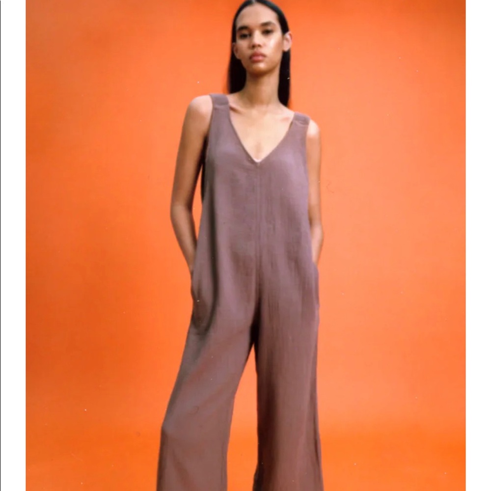 Zara Mauve Sleeveless V-Neck 100% Cotton Gauze Wide-Leg Jumpsuit